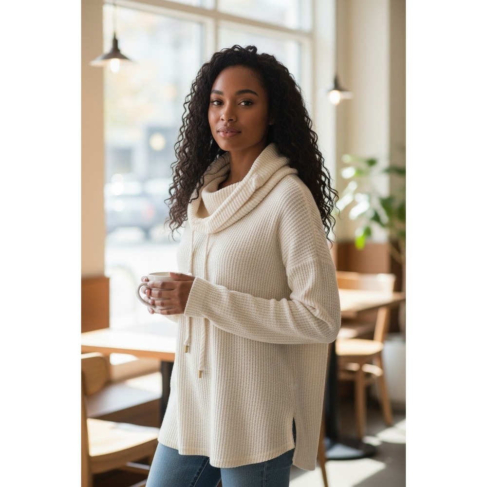 Sharagano Womens Cream Waffle Knit Cowl Neck Drawstring Tunic Top Size M